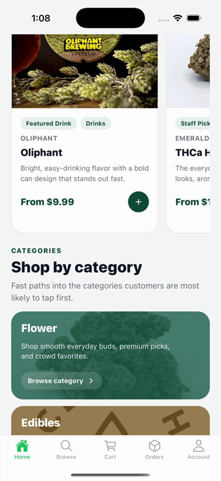 GreenHaus dispensary app showing categories and featured products