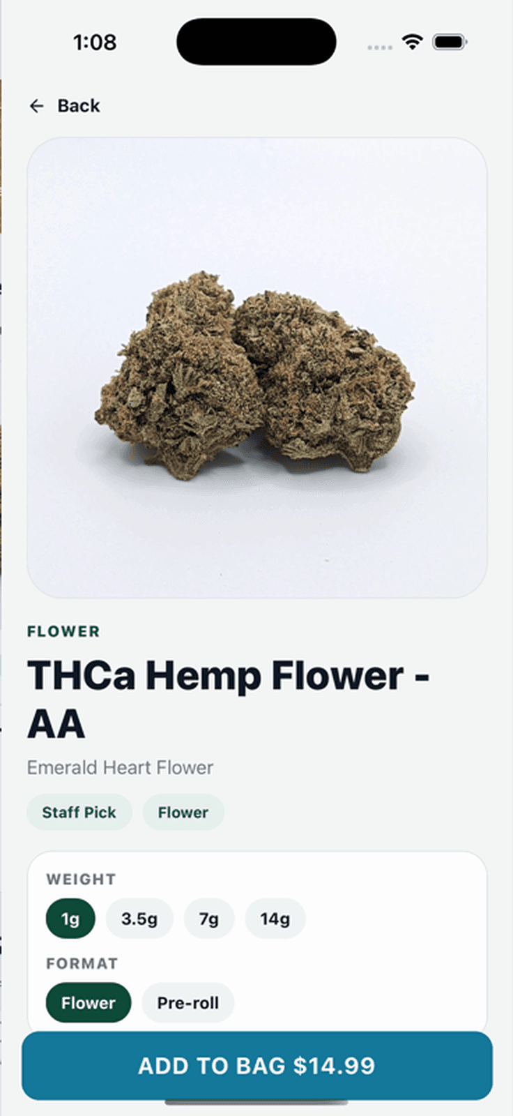 GreenHaus dispensary app product detail screen